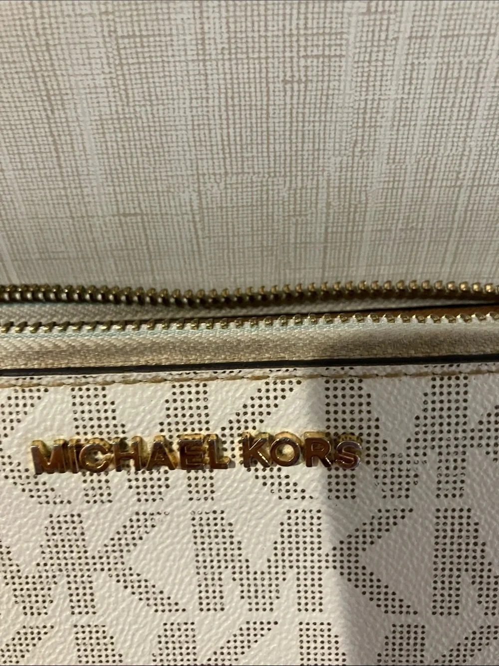 Michael Kors Cream Signature Zip-Around Wallet with Gold Logo